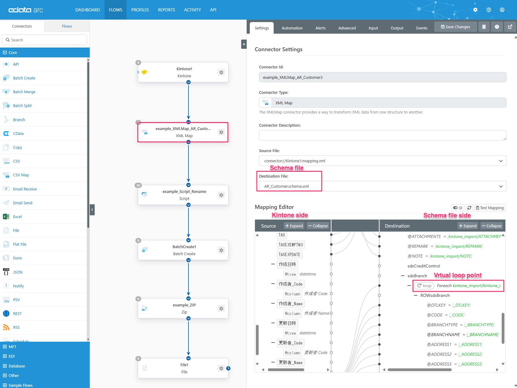 aclc1tC1 arc
Connectors
Q Search
B Core
DASHBOARD
FLOWS
PROFILES
o
o
o
REPORTS
ACTIVITY
Kintonel
Kintone
API
Settings
Automation
Advanced
Input
0)
API
Batch Create
Batch Merge
Batch Split
Branch
CData
CSV Map
Email Receive
Email Se
Excel
Flat File
Form
JSON
Notify
example_XMLMap_AR_Custo...
XML Map
Script
BatchCreate1
Batch Create
Connector Settings
Connector Id:
example_XMLMap_AR_Customer3
Connector Type:
XML Map
The XMLMap connector provides a way to transform XML data from one
Connector Description:
Source File:
connector.//Kintone1 :mapping.xml
Schema file
Destination File:
AR Customer.schema.xml
Mapping Editor
Kintone side
Source + Expand
TAX
TAXEXEMPTNO
TAXEXPDATE
— Collapse
y pe datetime