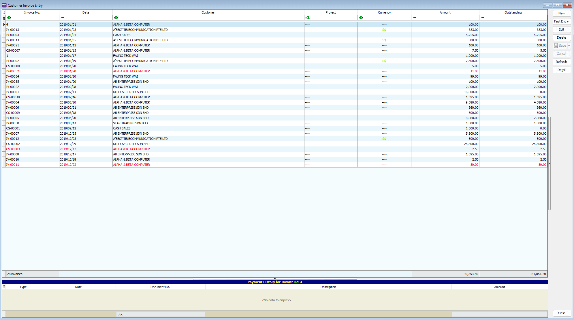 Customer Invoice Entry
NO.
Currency
IV-00013
Ⅳ -00003
IV-00014
Ⅳ -00021
CS -00007
Ⅳ -00002
CS -00008
IV-00032
11.00
Ⅳ -00034
IV-00035
IV-OOOOI
CS -00010
IV-00004
Ⅳ -00006
cs-oooog
Ⅳ -00005
IV-00058
CS -00001
IV-00007
Ⅳ -00012
CS-00002
CS-00003
Ⅳ -00008
Ⅳ -00010
IV-OOOII
28
2019 / 0 1
2D19 / 0 3
2019 / 0 4
2019 / 0 5
2019 / 01 / 12
2D19 / 01 / 13
2019 / 01 / 17
2D19 / 01 / 19
2019 / 01 / 20
2D19 / 01 / 20
2019 / 01 / 20
2019 / 01 / 20
2019 / 02 / 08
2019 / 02 / 11
2019 / 02 / 16
2019 / 02 / 20
2019 / 02 / 21
2019 / 03 / 18
2019 / 04 / 20
2019 / 05 / 14
2019 / 09 / 12
2019 / 10 / 25
2019 / 12 / 03
2019 / 12 / 09
2D19 / 12 / 17
2019 / 12 / 17
2019 / 12 / 18
2D19 / 12 / 22
ALPHA &BETA COMPUTER
ABESTTELECOMMIJNICATION PTE LTD
CASH SALES
A'BESTTELECOMMI 」 NICATION PTE LTD
ALPHA &3ETA COMPUTER
ALPHA &BETA COMPUTER
FAIJNG TECK WAI
A'BESTTELECOMMI 」 NICATION PTE LTD
FAIJNG TECK WAI
ALPHA & BETA COMPIJTER
FAIJNG TECK WAI
AE ENTERPRISE SON
FAIJNG TECK WAI
1 丅 f SECURITY SON
ALPHA &3ETA COMPUTER
ALPHA &3ETA COMPUTER
AE ENTERPRISE SON
AE ENTERPRISE SON *D
AE ENTERPRISE SON 3HD
STARTRADING SON
CASH SALES
AE ENTERPRISE SON *D
A'BEST TELECOMMUNICATION PTE LTD
1 丅 f SECURITY SON
ALPHA &BETA COMPIJTER
AE ENTERPRISE SON *D
ALPHA &3ETA COMPUTER
ALPHA & BETA COMPIJTER
D00 」 ment NO
100.00
333 00
900.00
1 , 000
7 , 500.00
100.00
2 , 000 00
16 , 000.00
1 , 595.00
9 , 380 00
500.00
3 , 98 00
1 , 000 00
1 , 500 •
5 , 900.00
1 , 595.00
50.00
90 , 353 50
Outstanding
100.00
333 00
5 , 225.00
900.00
100 , 00
1 , 000 00
7 , 500.00
5.00
11.00
100.00
2 , 000 00
1 , 595.00
4 , 33D 00
360.00
500.00
2 , 988 00
1 , 000.00
5 , 900.00
500.00
2.50
1 , 595.00
50.00
61 , 851.50
Fast Entry
| save ,
Can 匚
Refresh
payment History for Invoice No: 4
Description
<NO da to display>