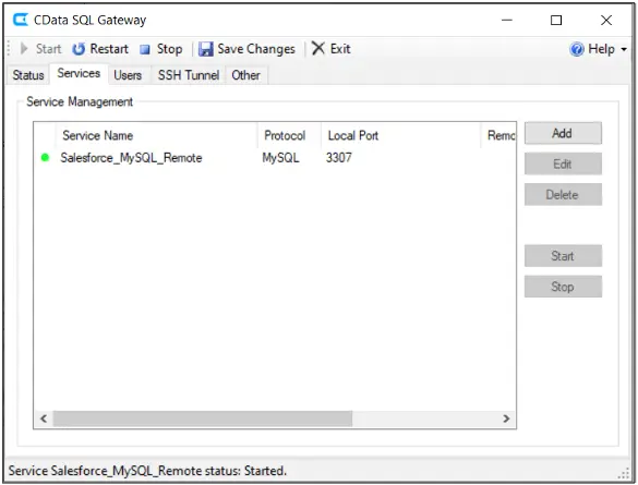 Configure the SQL Gateway by adding a new service using the MySQL protocol and the previously configured DSN