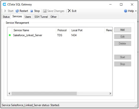 Configure the SQL Gateway by adding a new service using the TDS protocol and the previously configured DSN